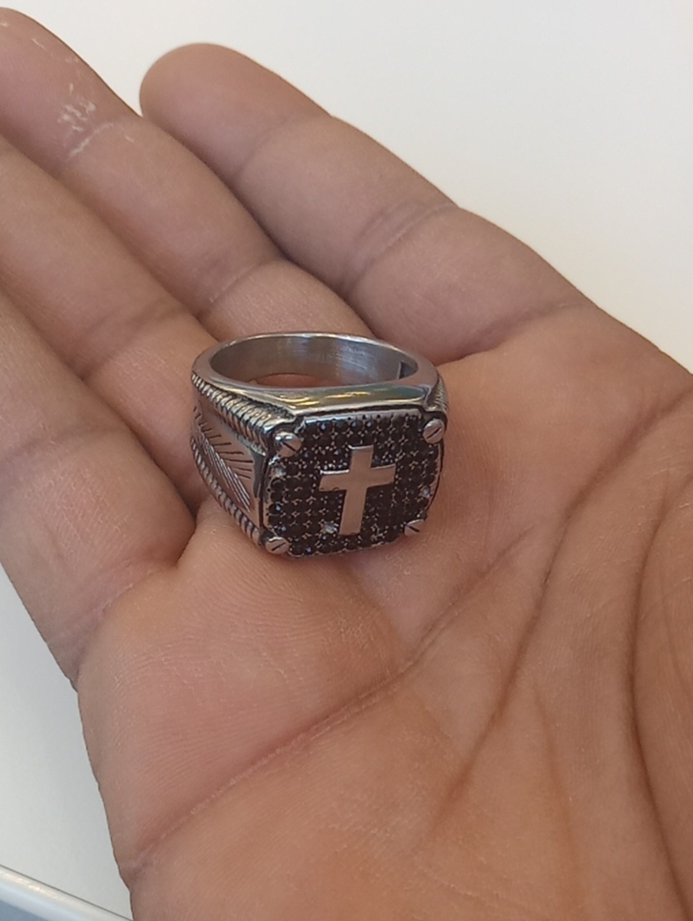 Men's Stainless Steel Cross Signet Ring - Black Accent